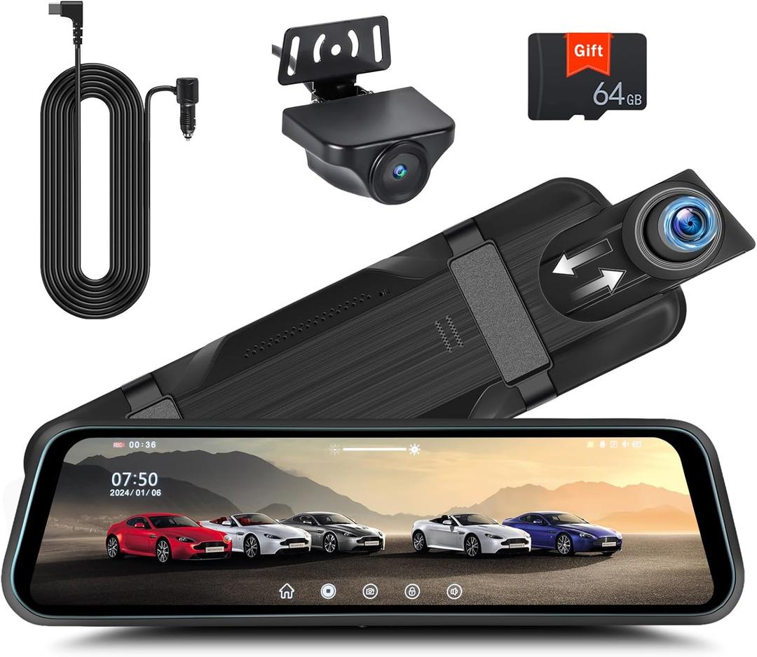 Rear View Mirror Camera, Mirror Dash Cam for Car 1080P Front & Rear Mirror Cameras 9.66 Inch HD IPS Full Touch Screen 64G Card Night Vision Motion Detection Loop Recording 24H Parking Monitor GSensor