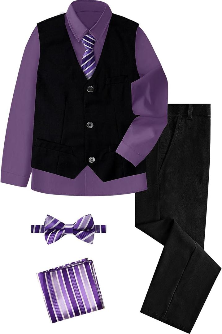 A&J DESIGN Boys 6-Piece Formal Suit Vest and Pant Set with Dress Shirts, Vest, Pants, Tie, Bowtie and Pocket Square (10)