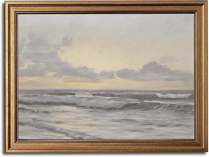 Coastal Sea and Sky Vintage Gold Framed Wall Art 12x16 inch | Coastal Landscape Wall Decor, Sea and Sky Art Print Picture Artwork, Living Room, Bedroom, or Beach House