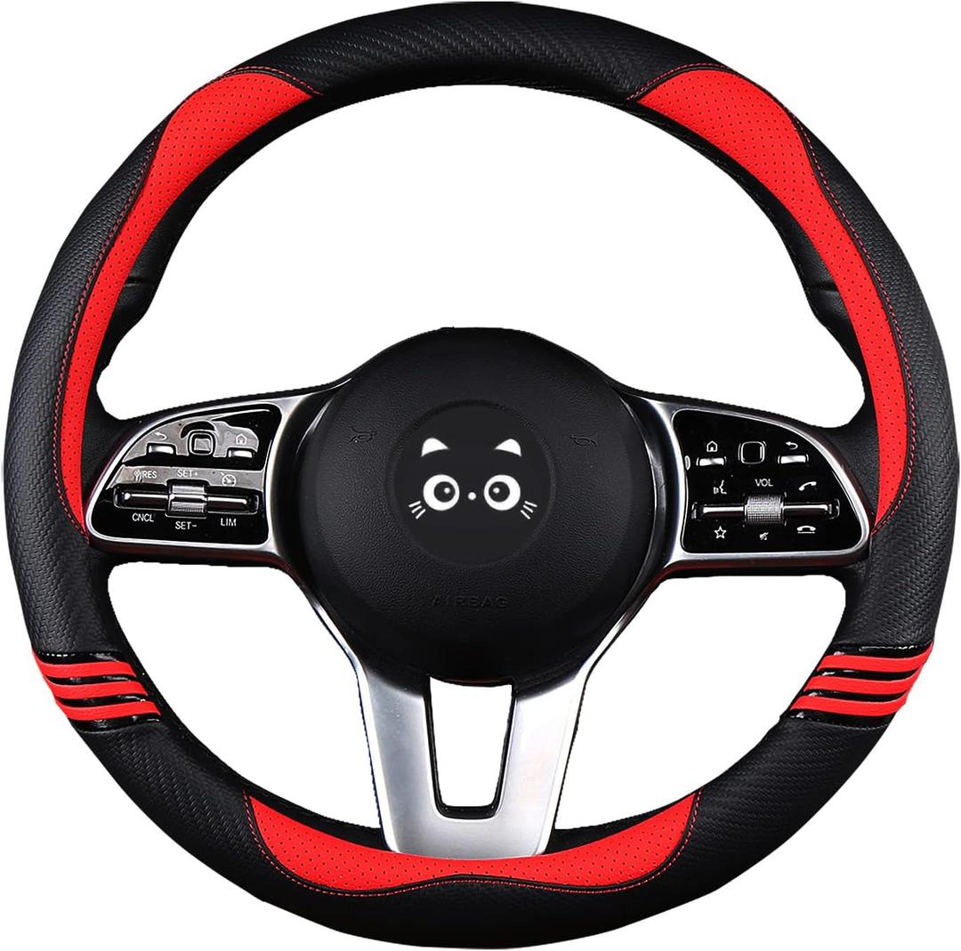 Iwantit Steering Wheel Cover, Carbon Fiber&Perforated Leather with Anti-Slip Rubber Ring, Steering Wheel Protector, Universal Fit 14.5-15 inches for Cars,SUV (Passion Red) (003-Passion Red)