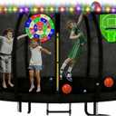 Trampoline Accessories Kit Kids, Basketball Hoop with 3 Mini Basketballs,50FT Solar Lights Fit 8 10 12 14 15 16FT Trampoline Outdoor 8 Mode, Choose from 2 Kits with Sprinkler or Dart Board & Glow Net