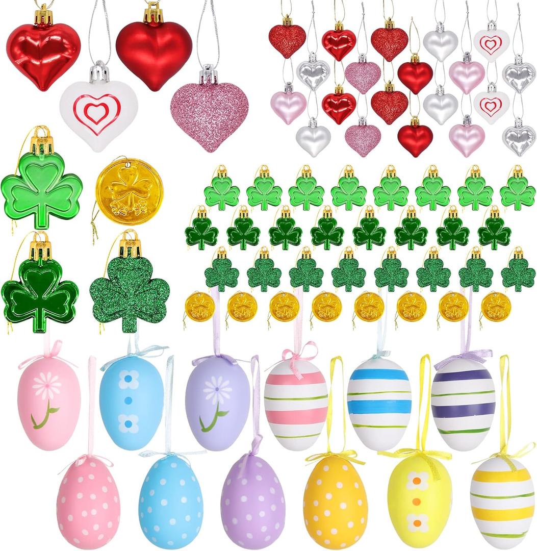 Valentines Day Decor Tree Decorations Set, 72 Pcs Ornaments for Valentine's Day St Patricks Easter Tree, Plastic Heart Shamrock Easter Egg for The Home Wedding Dinner Gifts Table Tiered Tray Decor