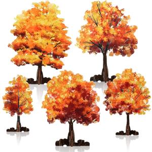 5 Pieces Mini Fall Maple Tree 2D 5 Size Autumn Artificial Miniature Trees Flat Wooden Village Fall Decoration Thanksgiving Tabletop Centerpieces Set for Indoor Home Harvest Wedding Party