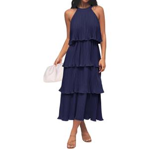 ZESICA Women's 2025 Summer Sleeveless Halter Neck Ruffle Tiered Layed Chiffon Flowy Swing Long Midi Dress (Navy, Small)