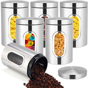 Zopeal 6 Pack Original Canisters Sets for Kitchen 50oz Stainless Steel Kitchen Canisters with Transparent Windows Flour Sugar Container Metal Jar Countertop Set for Coffee Tea Decorative