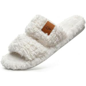 OOW Womens Slippers Open Toe Fuzzy Slippers for Women Cute Memory Foam House Slippers with Non-Slip Sole (9, White)