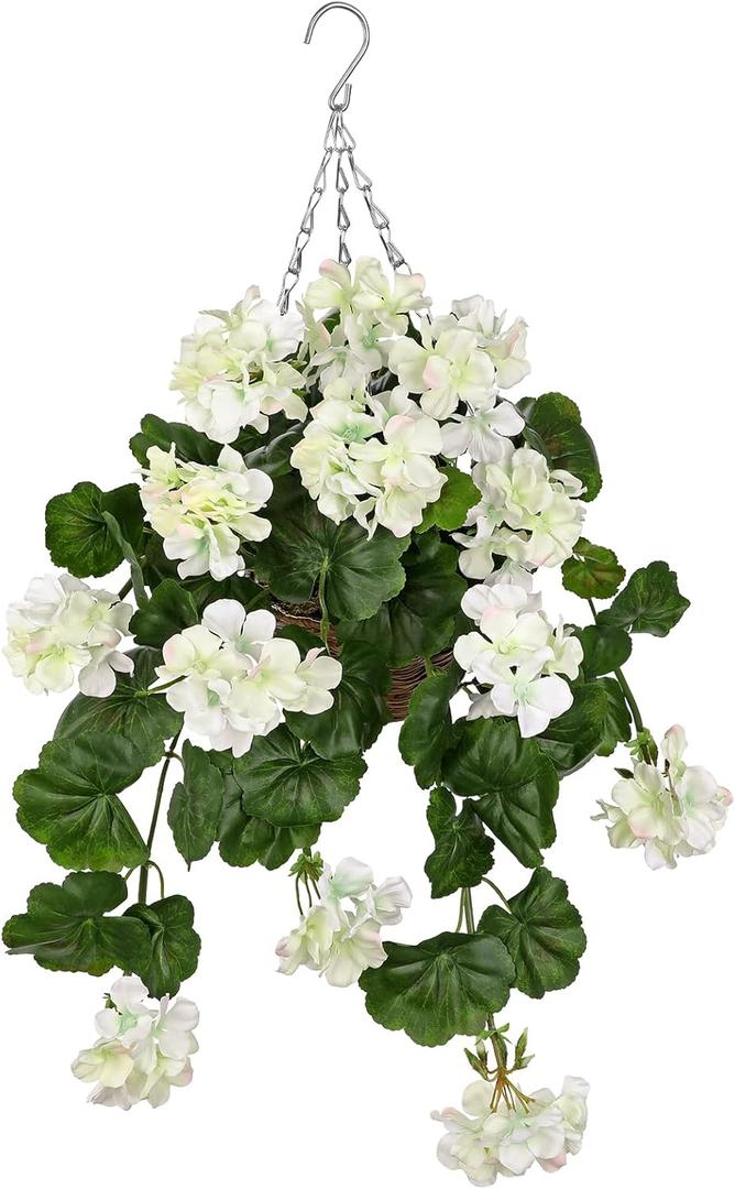Briful Realistic Geraniums Artificial Hanging Basket for Outdoor, 23.6in Trailing Faux White Geranium Flowers in Handwoven Basket, UV Resistant Outdoor & Indoor Decor, Home Farmhouse Patio, Wedding