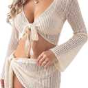 Cover Ups for Swimwear Women 2 Pcs Crochet Bathing Suit Cover up Bikini Beach Long Sleeve Crop Top Mini Skirt Set, Small