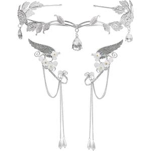 Elf Ears and Crown Fairy Ear Cuffs Headpiece Reneaissance Elven Tiara Jewelry Set (silver)