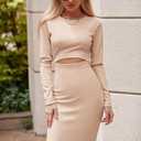 PRETTYGARDEN Women's Long Sleeve Midi Bodycon Dresses Casual Crewneck Cut Out Ribbed Knit Fitted Pencil Dress (X-Large, Apricot)