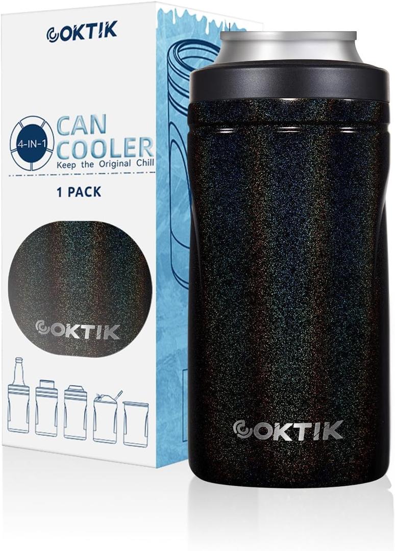 COKTIK 4 in 1 Insulated Can Cooler, Double Wall Slim Can Cooler for 12 oz Regular or Slim Cans & Beer Bottle (Black Shimmer)