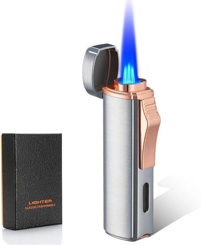 Windproof Butane Lighter, Triple Jet Flame, Visible Air Window, Rechargeable Butane, Adjustable Flame, Zinc Alloy Body, Gift(Silver)