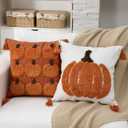 2 Pcs Thanksgiving Fall Pillow Covers 18 x 18 Inch Farmhouse Pumpkin Decorative Throw Cozy Pillow Cover Embroidered Fluffy Autumn Pillowcase Thanksgiving Decor for Home Sofa Cushion Couch