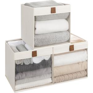 StorageWorks 11x11 Storage Cubes, Closet Storage Bins with Clear Window, Fabric Organizer for Clothes, Collapsible Storage Baskets with PU Handles, Beige, 3-Pack