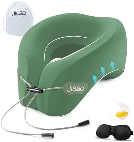 jiaao Travel Pillow Memory Foam Neck Pillow for Airplanes with Adjustable Neck Support, Includes Eye Mask, Earplugs & Storage Bag - Perfect for Flights, Road Trips, and Trains