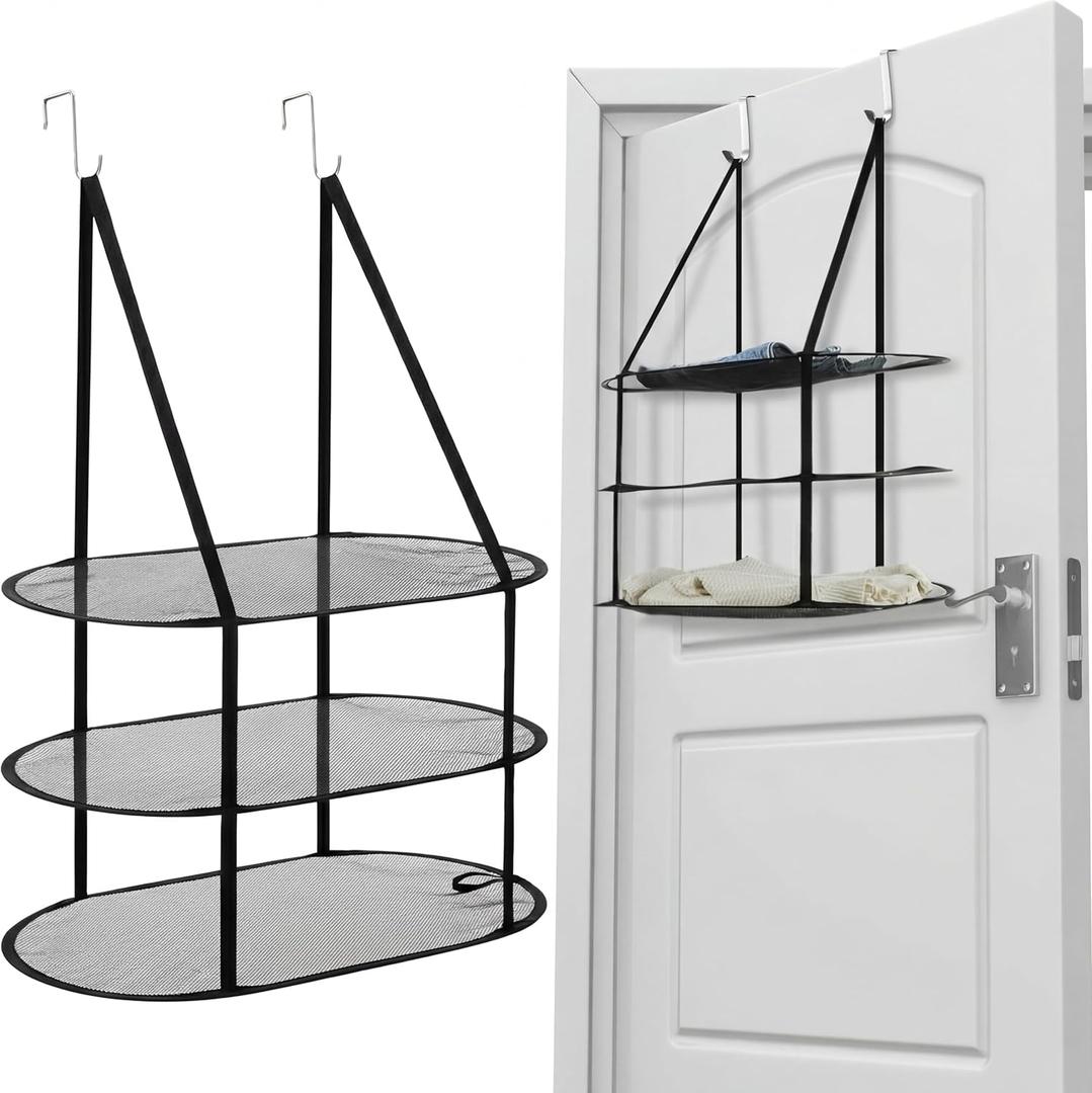 2 Pcs 3 Tier Sweater Drying Rack Flat Over The Door Folding Drying Rack Large Lay Laundry Hanging Dryer Mesh Clothes Dry Hanger for Apartments Dorms Bathrooms (Black,30 x 23.7 x 35.4 Inch)