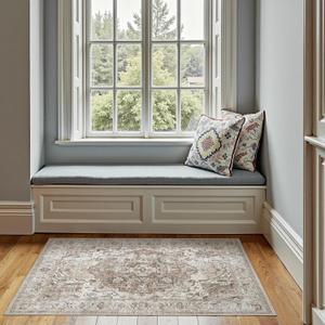 jinchan Area Rug 3x5 Washable Entryway Rug Vintage Kitchen Floor Cover Traditional Thin Taupe Multi Distressed Floral Doormat Indoor Mat for Bathroom Bedroom Living Room