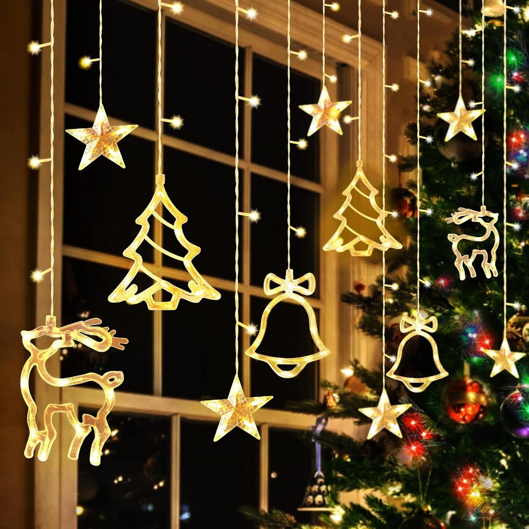 Attmu Christmas Window Lights, 120 Led Christmas Curtain Lights with 8 Modes, 9.84 Ft Tree Bell Deer Star Lights Xmas Decorations for Bedroom Wall Window Indoor Outdoor Party Decor (Yellow)