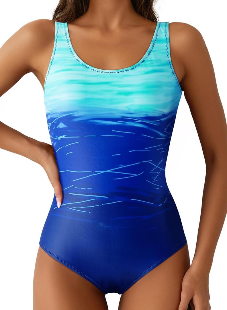 Aleumdr Women's Color Block Print One Piece Swimsuits Athletic Training Swimwear Bathing Suits (X-Large, Blue Ew)