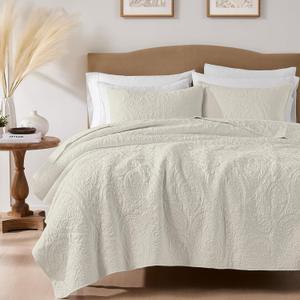 palassio Beige Paisley 100% Cotton Quilt Queen Size Bedding Sets with 2 Pillow Shams, Boho Floral Lightweight Farmhouse Country Vintage Soft Bedspread Shabby Chic Coverlet for All Season, 3 Pieces
