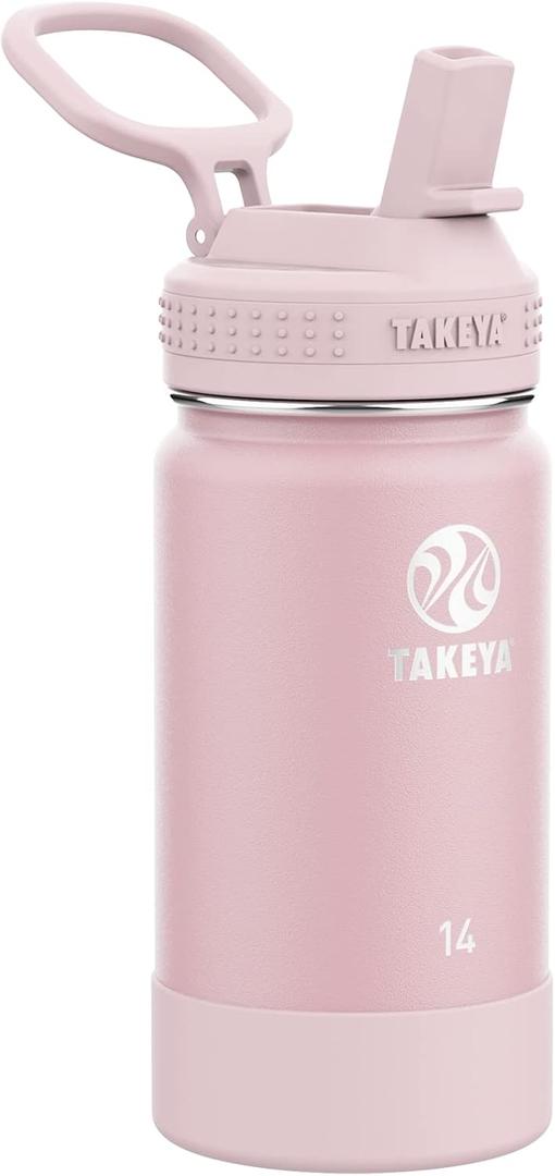 Takeya Actives Kids Water Bottle 14 oz Stainless Steel Double Wall Insulation BPA-Free Leakproof Straw Lid Easy Carry Handle Reusable Ideal for Boys and Girls, School, Sports - Blush
