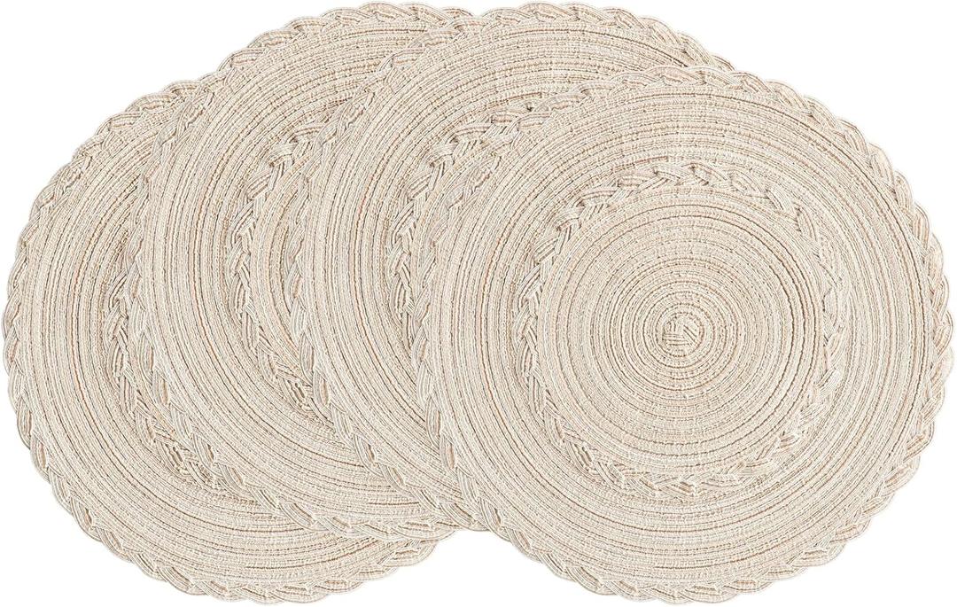 Floroom 15 Inch Round Braided Placemats Set of 4, Washable Heat Resistant Cotton Polyester Circle Boho Place Mats for Kitchen Dining Table - Canvas Beige Bordered