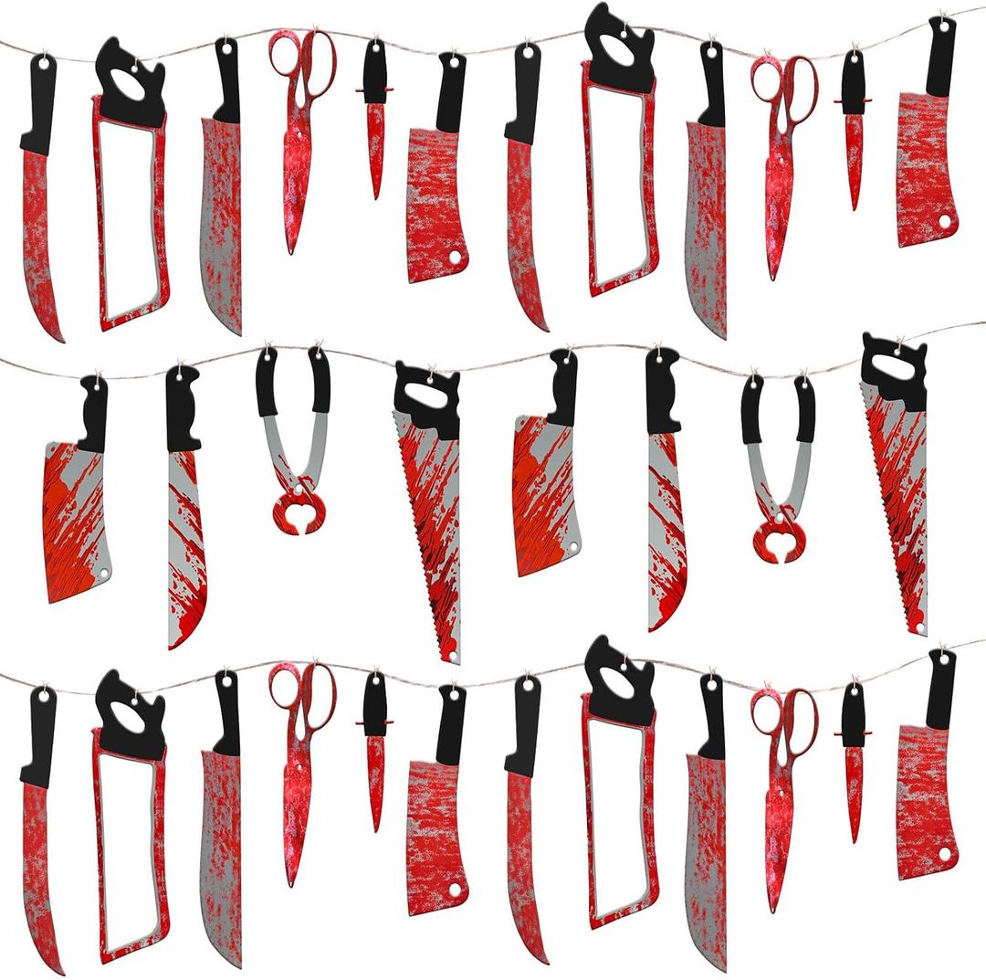 32 PCS Halloween Bloody Weapons Banner 3 Strings Scary Hanging Props Garland Spooky Party Decorations Horror Creepy Movie Zombie Decor