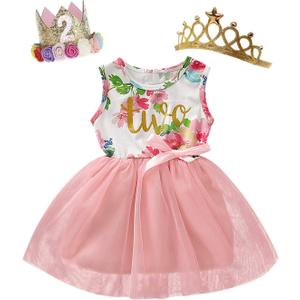 BIRTHDAY SHARK Baby Girl Two Year Old Birthday Outfits Toddler 2nd Birthday Dress Set (2T, Pink)