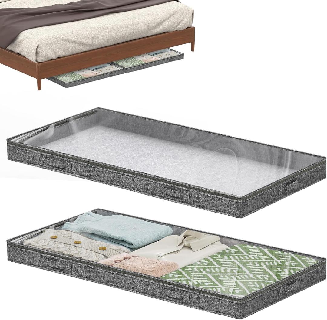 3 Inch Low Profile Under Bed Storage Containers, No-Structure, Foldable Underbed Storage Organizer with Lid and Zipper for Clothes, Blankets, Pillows and Shoes (Grey, 2 Pack)