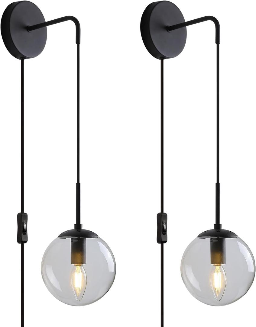 KUZZULL Wall Sconces Set of Two Matte Black Wall Lights for Bedroom Plug in Wall Sconces Set of 2 with Globe Smoke Grey Glass Shade Wall Lamp with Plug in Cord Sconces Wall Decor Set of 2 with Switch