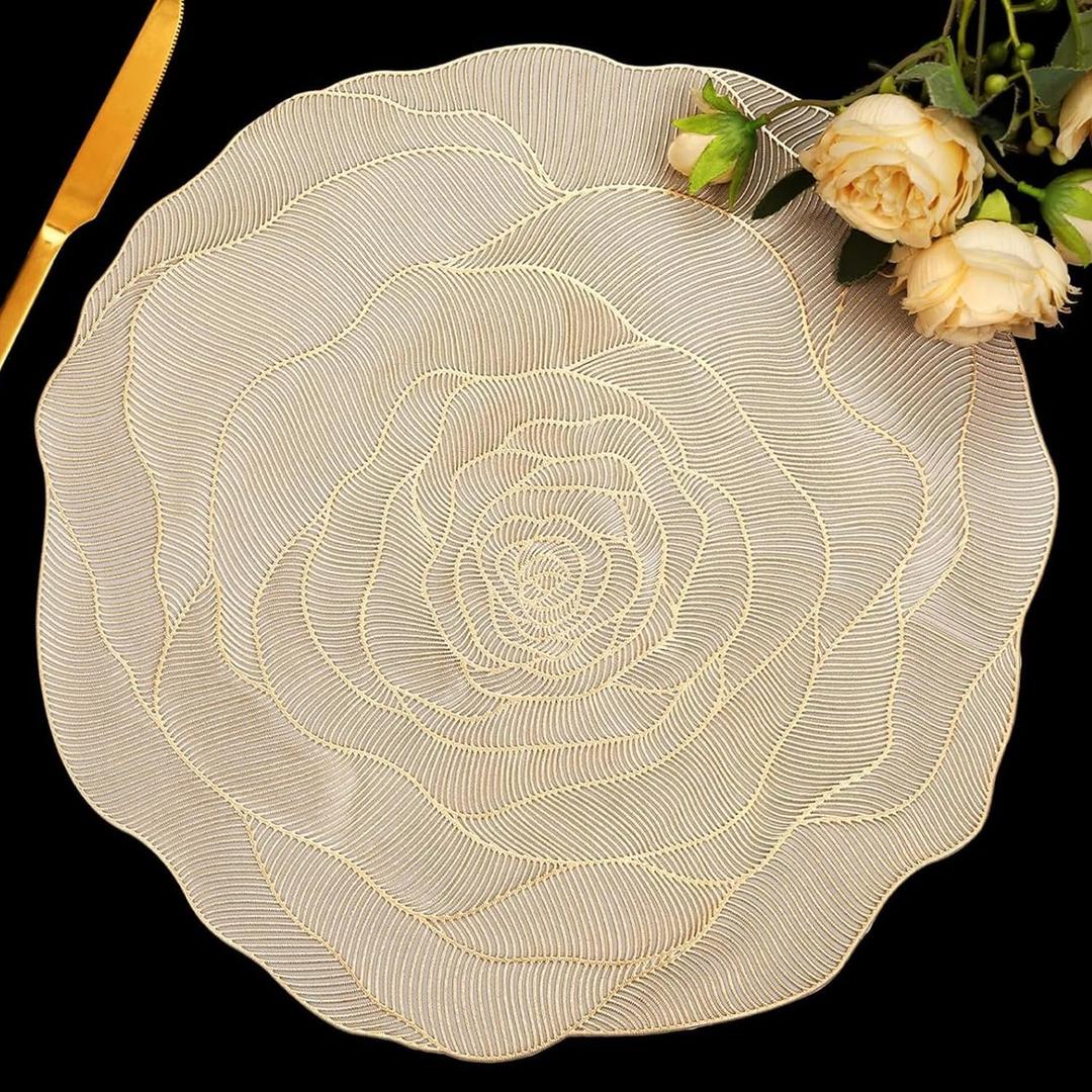 FAVE 6PCS Floral Placemats Golden Placemats Vinyl Placemats Set of 6 for Dining Table Durable Table Mats for Wedding, Banquet, Birthday, Party, Restaurant Decorations 15 x15, Gold Rose