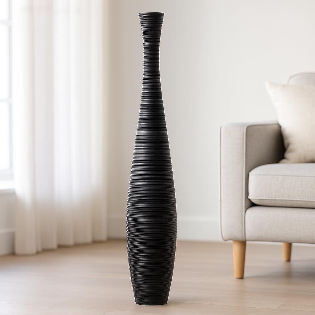 Leewadee Large Black Home Decor Floor Vase - Wooden 34 inch Tall Farmhouse Decor Flower Holder for Fake Plant and Pampas Grass