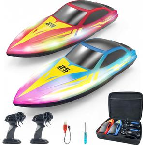 BEZGAR Remote Control Boat - 2 Packs 10 inch RC Boat with 7 LED Lighting Effects & 120 Min Playtime, 15 KPH RC Boats for Pool, Lake Fun for Kids Adults Red&Blue HJ825B