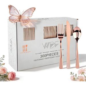 WDF 300 Pieces Rose Gold Plastic Silverware- Disposable Flatware Set - Heavy Duty Plastic Cutlery Includes 100 Forks, 100 Spoons, 100 Knives Perfect for Wedding/Party/Birthday/Mother's Day