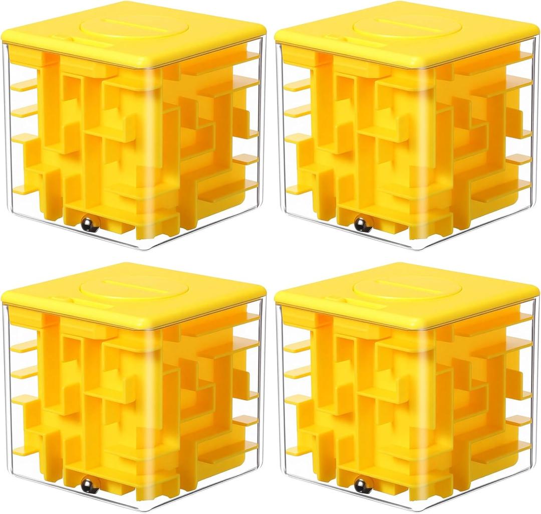 4 Pcs Money Box for Cash Gift Stocking Stuffers Plastic Cash Money Maze Puzzle Box for Adults Christmas Birthday Party Favors (Yellow)