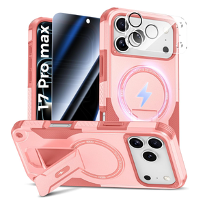 Goton for iPhone 17 Pro Max Case with Privacy Tempered Glass Screen Protector & Camera Lens Protector, Compatible with MagSafe, Invisible Kickstand, Shockproof Phone Cover, Pink 