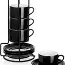 2.5oz Espresso Cups Set of 4, Porcelain Stackable Espresso Cups with Saucers and Metal Stand Set, Black Expresso Shots Cup Set for Cappuccino, Coffee Drinks, Latte, Tea