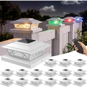 APONUO Solar Post Cap Lights Outdoor RGB Color Changing with Remote, Fits 4x4 5x5 Vinyl & 4x4 6x6 Wood Posts, IP65 Waterproof Fence Post Solar Lights for Deck Patio Yard (16 Pack White)