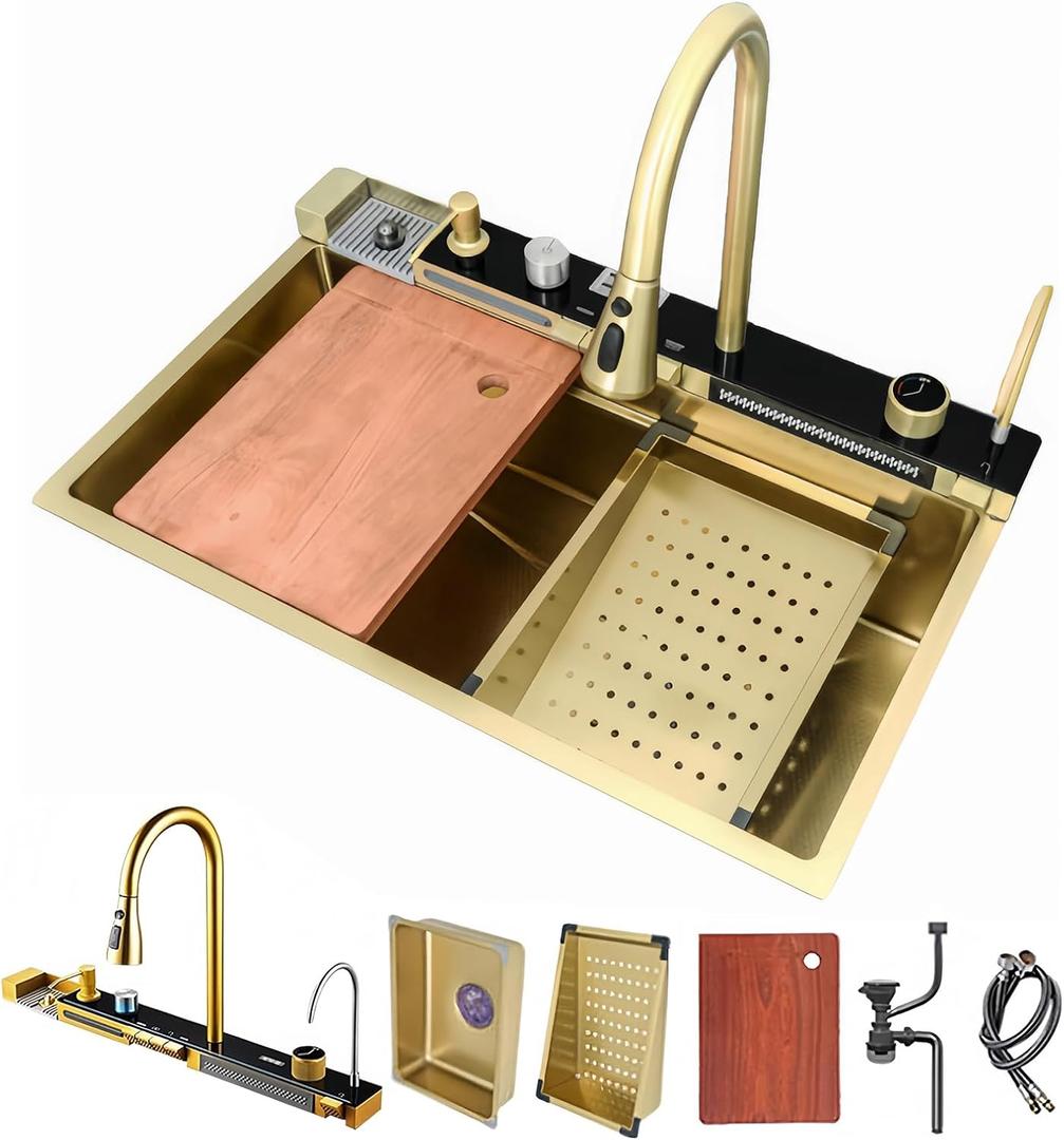 Waterfall Kitchen Sink 30 Inch Countertop Gold Single Sink, SUS304 Stainless Steel Multifunction Digital Display Sinks Workstation Sinks With Faucet, Cup Washer & Accessories (Gold, 29.5x18.1in)