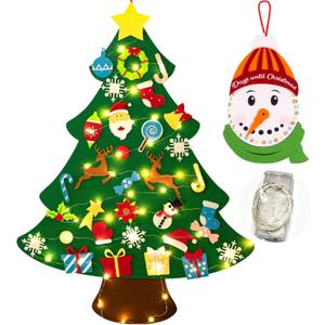 3ft Felt Christmas Tree 32 Ornaments, with Countdown Snowman and LED Lights, DIY Xmas Decorations Wall Hanging, Christmas Crafts Kits, Kids Gifts Party Supplies Door Window Decor