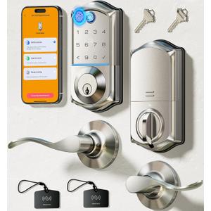 Veise VE017-L Fingerprint Smart Lock with Lever Handles, App Control, Keyless Entry Front Door Lock Set, Electronic Digital Keypad Deadbolt, Remote Grant, Emergency Power Port, Auto Lock, Satin Nickel