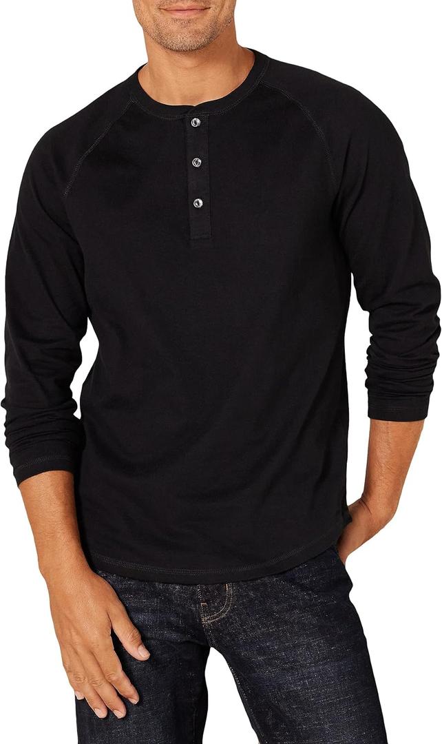 Amazon Essentials Men's Long-Sleeve Henley Shirt (Black, M)