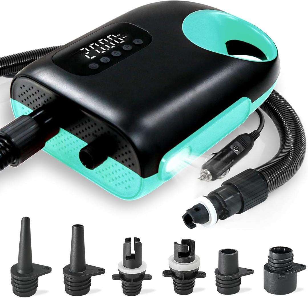 20PSI Paddle Board Pump-Portable Electric SUP Air Pump, Dual Stage Inflation & Deflation SUP Pump, 110W Paddleboard Pump with Auto-Off Function & 12V DC Car Connector for Paddle Board, Kayaks (turquoise)