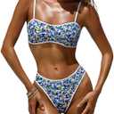 OWICA Women's 2 Piece Bikini Sets Floral Print High Cut Bathing Suits Cheeky Bandeau Beachwear Swimsuits for Women (S)
