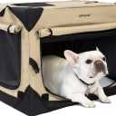 Pettycare 36 Inch Collapsible Dog Crate with Curtains Travel Dog Crate for Airflow and Calm Soft Pet Kennel with Portable Bag and More Chew Proof Mesh Indoor & Outdoor Beige 4 Door Curtains