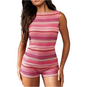 Verdusa Women's Striped Backless Tank Romper Sleeveless Boat Neck Knitted Casual Shorts Jumpsuit Pink Medium