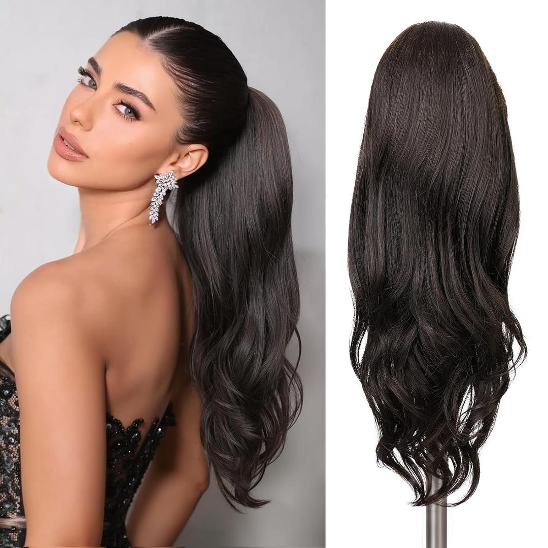 WIGER 26 Inch Dark Brown Drawstring Ponytail Extension for Women Long Wavy Layered Synthetic Stand Up High Pony Tails Hair Extensions for Christmas Daily Use