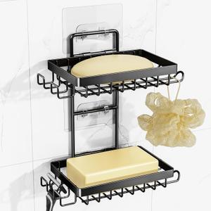 Soap Holder, Double Bar Soap Holder Shower Stainless Steel, Soap Dish for Shower Wall with Hooks and Razor Holders, Soap Tray Self Adhesive for Bathroom Bathtub Accessories Organizer