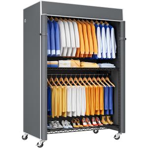 P8C Heavy Duty Clothes RackWith Extended Width Design Rolling Clothing Racks for Hanging Clothes with Lockable Wheels51.2" W x 15.8" D x 80.5" HMax Load 700LBSBlack Rack with Grey Cover