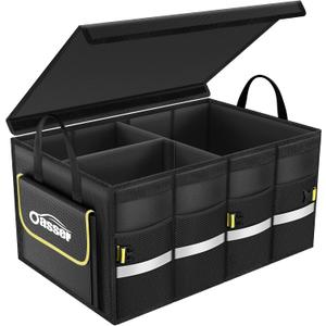 Oasser Car Trunk Organizer, 3 Compartments Collapsible Waterproof Car Organizer Storage with Foldable Cover, Reflective Strip, Non-Slip Bottom, 4 Mesh Pockets for SUV/Truck/Sedan/Camping/Road Trip